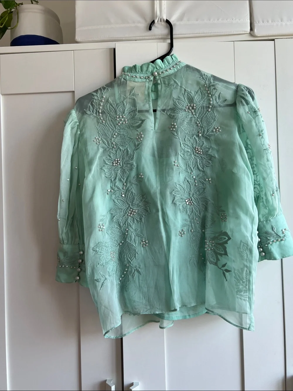 FARM RIO Embellished Mint Green Sheer Blouse with Puff Sleeves Size S